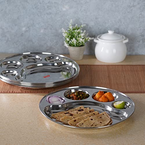 Sumeet Stainless Steel Round 5 in 1 Compartment Lunch / Dinner Plate Set of 6Pcs, 34cm Dia, Silver