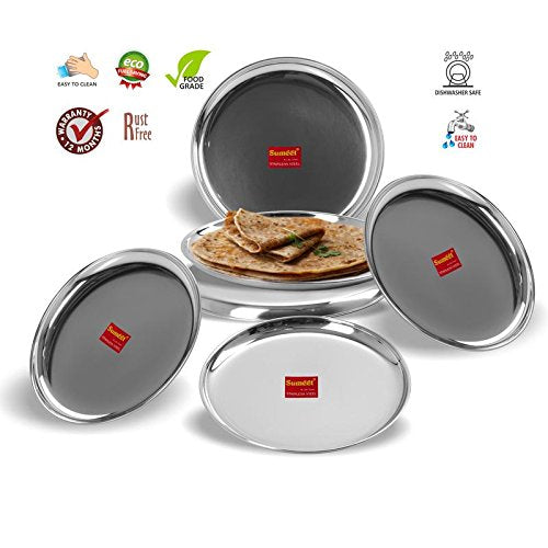 Sumeet Stainless Steel Heavy Gauge Shallow Dinner Plates with Mirror Finish Set of 3pc