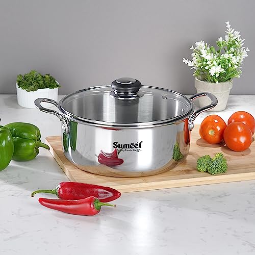 Sumeet Cook Smart TriPly Steel-Aluminium-Steel - 3 Layers Casserole / Biryani Pot / Stock Pot With Glass Lid- 2.9Ltr - 20Cm, Silver