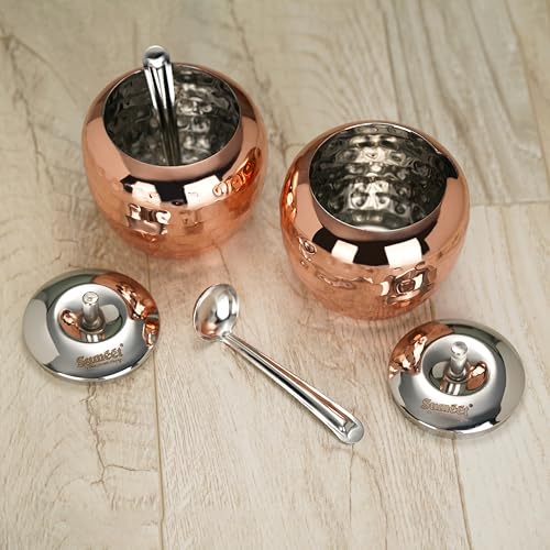 Sumeet Stainless Steel Copper Coated Handcrafted Hammered Ghee and Oil Pot, Storage Container with Spoon for Kitchen and Pooja, 7.5cm Dia, 220ML - Silver (Pack of 2)