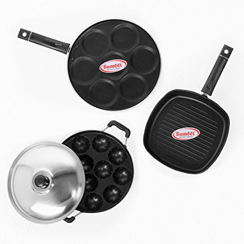 Sumeet Nonstick Essential Combo Set (Multi Snack Maker - 7 Pcs + Grill Pan - 22cm + Grill Appam Patra - 12 Pcs)