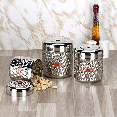 Sumeet Stainless Steel Vertical Utility Canisters/Ubha Dabba/Storage Containers with Design Set of 3pcs (900ml, 1200ml,1700ml), Silver