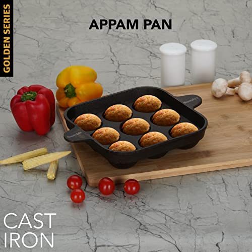 Sumeet Super Smooth Gold Series Pre Seasoned Cast Iron Appam Patra for Paniyaram/Appe/Ponganalu/Paddu |18.50cm 1.5kg, 9 Pit.