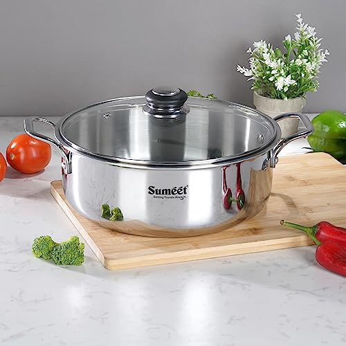 Sumeet Cook Smart TriPly Steel-Aluminium-Steel - 3 Layers Casserole/Biryani Pot/Stock Pot with Glass Lid- 4.35Ltr - 24Cm, Silver