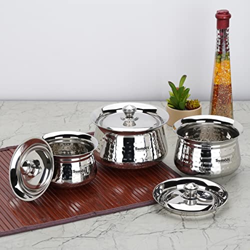 Sumeet Stainless Steel Handcrafted Hammered Texture Handi Set with Lid for Kitchen, Set of 3, 460ml, 650ml & 950ml, Silver