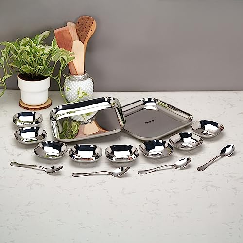 Sumeet Stainless Steel Square Shape Big Size Snack Serve/Namkeen Set of 14PC, Silver