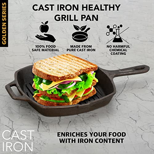 Sumeet Super Smooth Gold Series Pre Seasoned Cast Iron Grill Pan for Grill/Fry/Saute/Roast |28cm 3.180kg, Gas & Induction-Friendly.