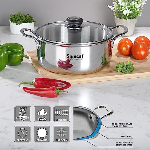 Sumeet Cook Smart TriPly Steel-Aluminium-Steel - 3 Layers Casserole/Biryani Pot/Stock Pot with Glass Lid- 4.35Ltr - 24Cm, Silver
