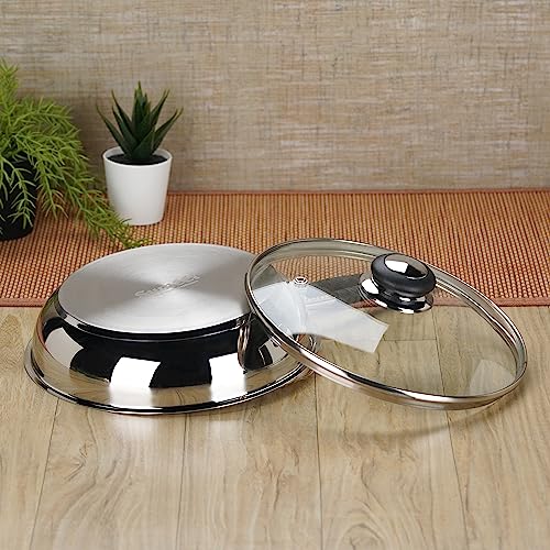 Sumeet Stainless Steel Induction Bottom (Encapsulated Bottom) Fry Pan with Glass Lid 1.7 LTR, 23.5 cm Dia, Silver