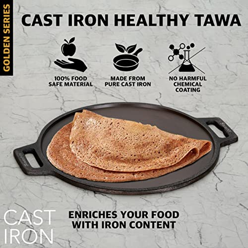 Sumeet Super Smooth Gold Series Pre Seasoned Cast Iron Flat Tawa for Dosa|30.5cm, 2.3kg, Gas & Induction-Friendly.