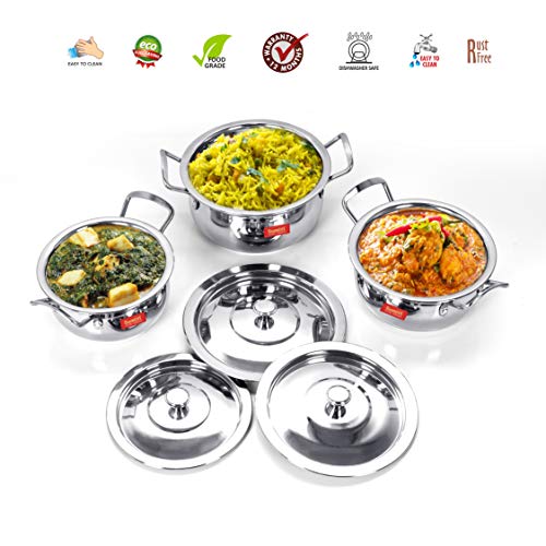 Sumeet Stainless Steel Handi Set With Lid (1.1, 1.3, 1.8 Liters) Silver