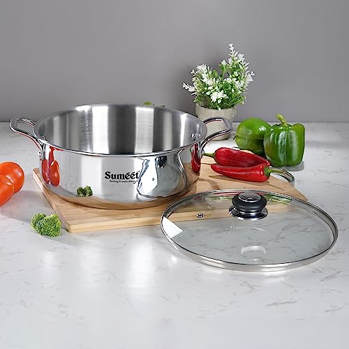 Sumeet Cook Smart TriPly Steel-Aluminium-Steel - 3 Layers Casserole/Biryani Pot/Stock Pot with Glass Lid- 6.3Ltr - 28 Cmv
