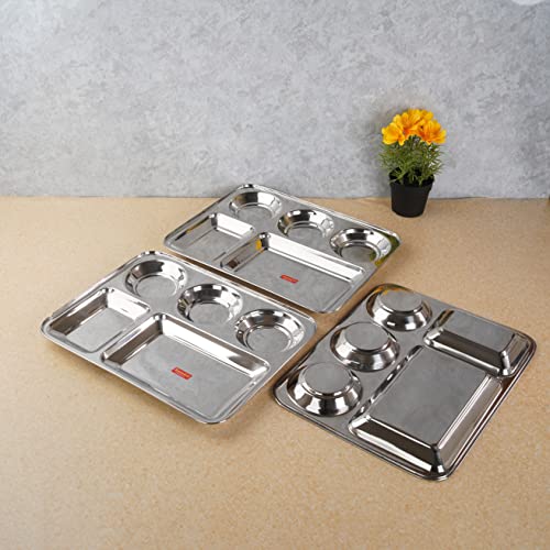 Sumeet Stainless Steel Rectangular 5 in 1 Compartment Lunch / Dinner Plate Set of 3Pcs, 33.5cm Dia, Silver