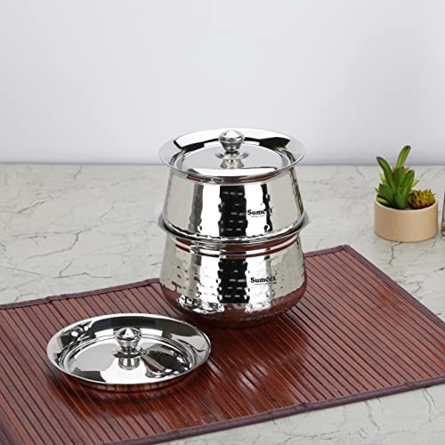 Sumeet Stainless Steel Handcrafted Hammered Texture Handi Set with Lid for Kitchen, Set of 2, 950ml & 1300ml, Silver