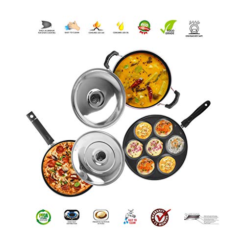Sumeet 2.6mm Thick Non-Stick Amber Combo Set (Multi Snack Maker – 26.5cm Dia + Kadhai with Lid – 1.5Ltr Capacity- 20cm Dia + Pizza Pan – 23cm Dia)