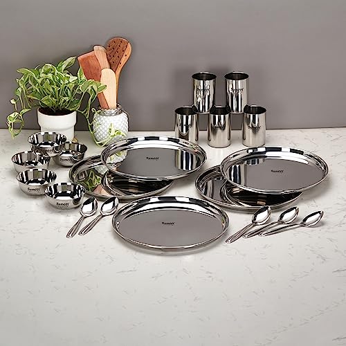 Sumeet Stainless Steel Heavy Gauge Mirror Finish Dinner Set of 20 Pcs (5 Plate, 5 Bowl/Wati, 5 Glass, 5 Spoon) v