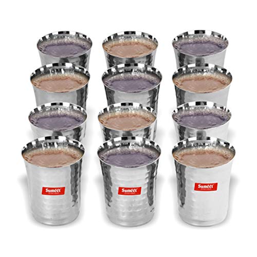 Sumeet Stainless Steel Handcrafted Hammered Texture 12 pc Glass Set (Capacity - 300Ml Each)