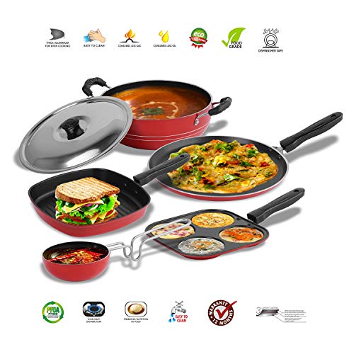 Sumeet 2.6mm Thick Non-Stick Redish Cookware Set (Dosa Tawa – 26.5cm Dia + Multi Snack Maker – 26.5cm Dia + Grill Pan – 1.1Ltr Capacity – 22cm Dia + Kadhai with Lid – 1.5Ltr + Tadka Pan – 10cm Dia)