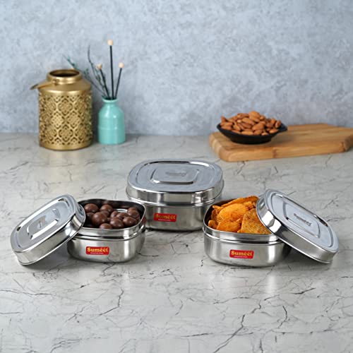 Sumeet Stainless Steel Square Storage containers Box/Dabba for Kitchen, Set of 3Pcs,550ml, 700ml & 1000ml, 11cm, 12.5cm Dia & 14.5cm, Silver