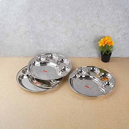 Sumeet Stainless Steel Round 5 in 1 Compartment Lunch / Dinner Plate Set of 3Pcs, 31cm Dia, Silver