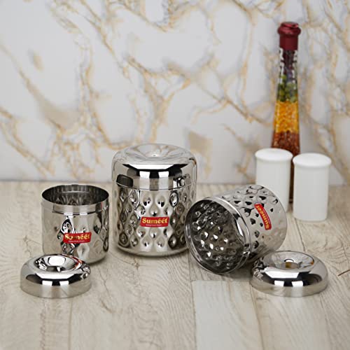Sumeet Stainless Steel Vertical Utility Canisters/Ubha Dabba/Storage Containers with Design Set of 3pcs (350ml, 500ml,700ml), Silver