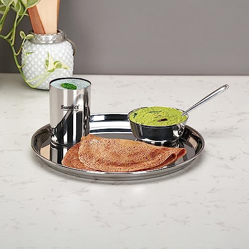 Sumeet Stainless Steel Heavy Gauge Mirror Finish Dinner Set of 4 Pcs (1 Plate, 1 Bowl/Wati, 1 Glass, 1 Spoon), Silver