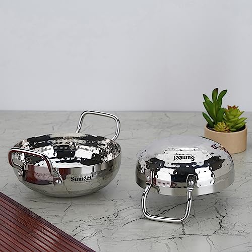 Sumeet Stainless Steel Handcrafted Hammered Mathar Kadai for Kitchen, Small Size, 450ML & 650ML, 12cm & 14cm Dia, Pack of 2, Silver