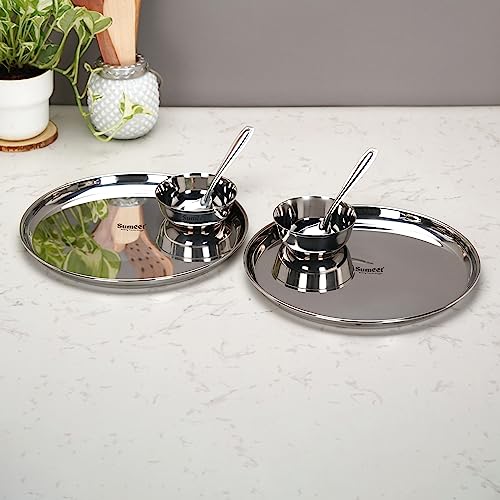 Sumeet Stainless Steel Heavy Gauge Mirror Finish Dinner Set of 6 Pcs (2 Plate, 2 Bowl/Wati, 2 Spoon), Silver