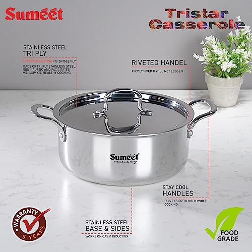 Sumeet Cook Smart TriPly Steel-Aluminium-Steel - 3 Layers Casserole/Biryani Pot/Stock Pot with S.S. Lid- 2.9Ltr - 20Cm, Silver