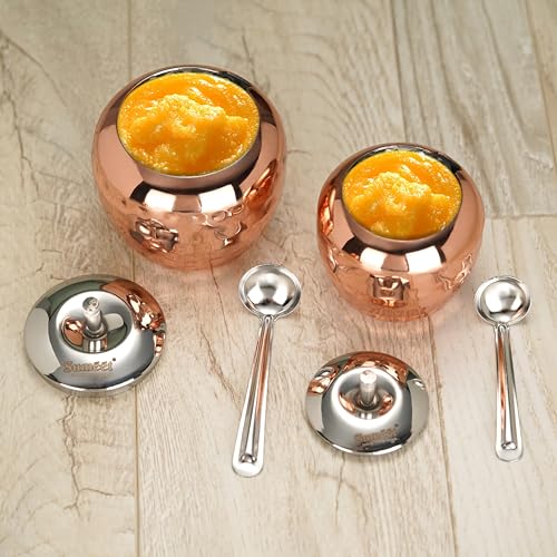 Sumeet Stainless Steel Copper Coated Handcrafted Hammered Ghee and Oil Pot, Storage Container with Spoon for Kitchen and Pooja, 7.5cm & 9cm Dia, 220ml & 320ML - Silver (Pack of 2)