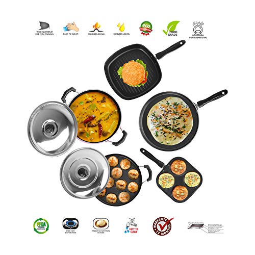 Sumeet 2.6mm Thick Non-Stick Dearg Cookware Set (Dosa Tawa – 26.5cm Dia + Mini Multi Snack Maker – 19.5cm Dia + Kadhai with Lid – 1.5Ltr + Grill Appam Patra with Lid – 23cm Dia + Grill Pan – 1.1Ltr)