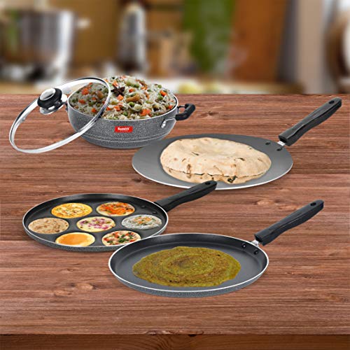 Sumeet NonStick Svartur Cookware Set (Dosa Tawa - 26.5Cm Dia + Multi Snack Maker - 7 Cavity - 26.5Cm Dia + Kadhai with Glass Lid -2Ltr - 22Cm Dia + Conceve/Roti Tawa - 28Cm Dia)