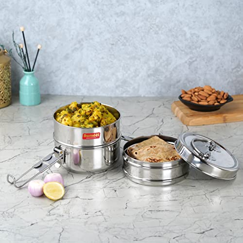 Sumeet Stainless Steel 3 Compartment Lunch Box / Tiffin with Lid and Handle, 13Cm Dia, (1950ML, Silver)