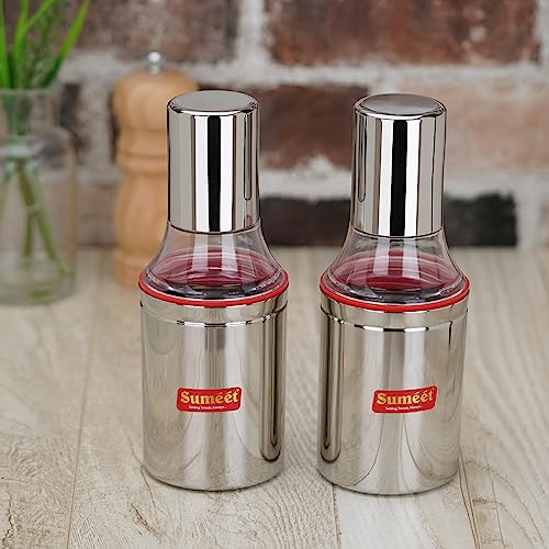 Sumeet Stainless Steel Nozzle Small Oil Dispenser |Oil Bottle | Oil Container | Oil Pourer | Vinegar Bottle | Olive Oil Bottle | Oil Can, 350ML, Pack of 2, Silver