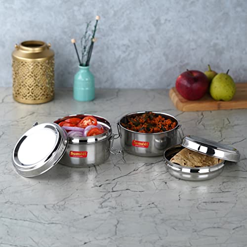 Sumeet Stainless Steel Meal Pack Lunch Box / Tiffin with Steel Separator Plate and Locking Clip, Set of 2Pc, 300ML Each, 11.5cm Dia, Silver