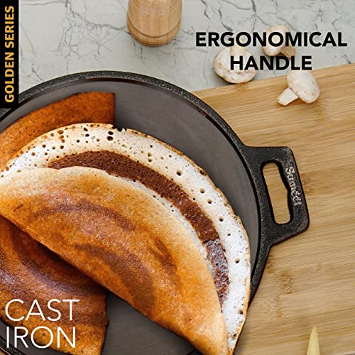 Sumeet Super Smooth Gold Series Pre Seasoned Cast Iron Flat Tawa for Dosa|30.5cm, 2.3kg, Gas & Induction-Friendly.