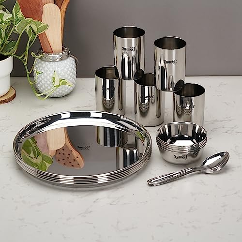 Sumeet Stainless Steel Heavy Gauge Mirror Finish Dinner Set of 20 Pcs (5 Plate, 5 Bowl/Wati, 5 Glass, 5 Spoon) v