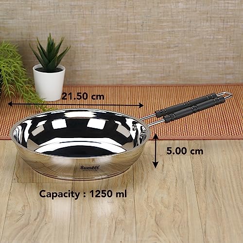 Sumeet Stainless Steel Induction Bottom (Encapsulated Bottom) Fry Pan 1.250 LTR, 21.5 cm Dia, Silver