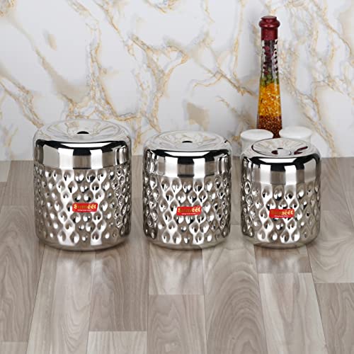 Sumeet Stainless Steel Vertical Utility Canisters/Ubha Dabba/Storage Containers with Design Set of 3pcs (900ml, 1200ml,1700ml), Silver