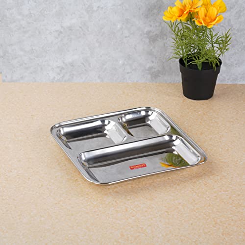 Sumeet Stainless Steel 3 in 1 Idli WADA Compartment Plate / Snack Plate / Breakfast Plate 1Pc, 24.5cm Dia, Silver Features: