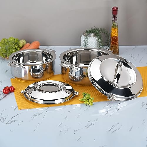 Sumeet Smart Serve Stainless Steel Double Wall Insulated Small Hot Pot/Hot Meal Box/Casserole Combo of 2Pc, 1L & 1.5L, Silver