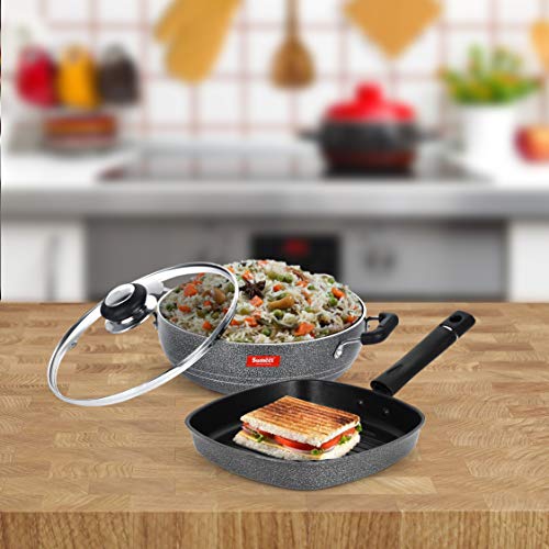 Sumeet NonStick Argento Cookware Set (Kadhai with Glass Lid -2Ltr - 22Cm Dia + Grill Pan-22cm Dia)