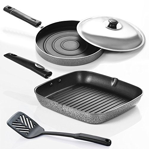 Sumeet Nonstick Funky 4 Combo Gift Set 1 Grill Pan, 1 Pizza Pan with S.S. Lid