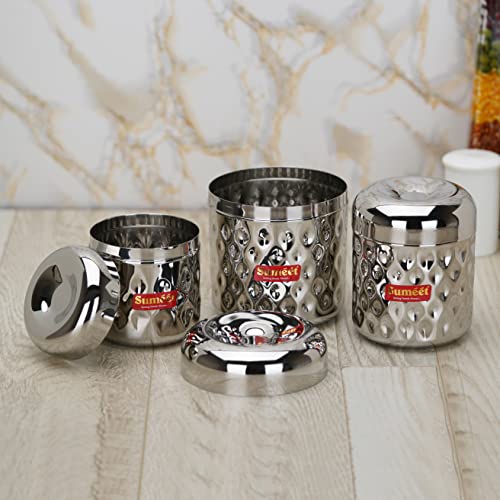 Sumeet Stainless Steel Vertical Utility Canisters/Ubha Dabba/Storage Containers with Design Set of 3pcs (350ml, 500ml,700ml), Silver