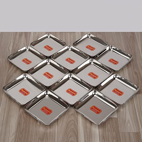 Sumeet Stainless Steel Small Square Shape Plate/Dessert Plate/Halwa Plate Set of 12pcs, 7.2cm Dia, Silver