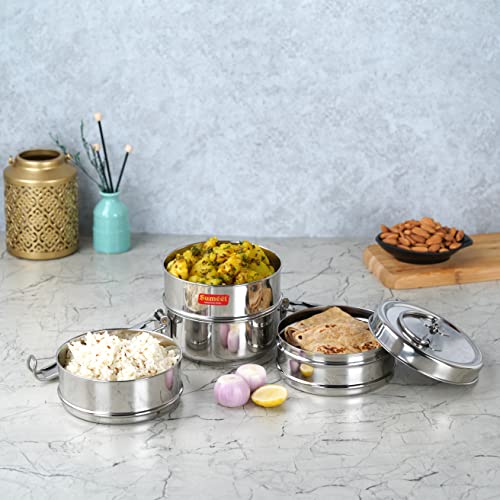 Sumeet Stainless Steel 4 Compartment Lunch Box / Tiffin with Lid and Handle, 11.5Cm Dia, (2000ML, Silver)