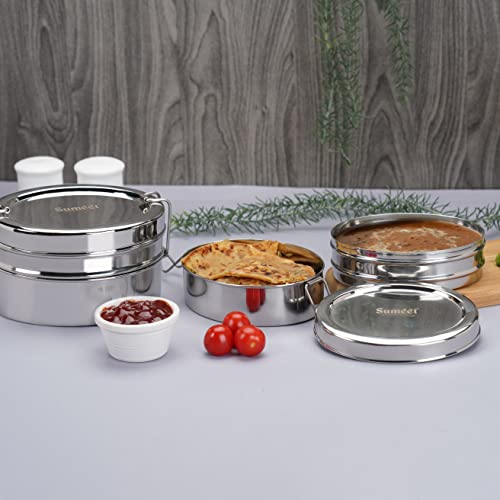 Sumeet Stainless Steel Oval Lunch Box/Tiffin with 2 Compartments and Locking Clip, Set of 2 Pcs, 800ML & 850ML Each, Ideal for 4 Person - Silver