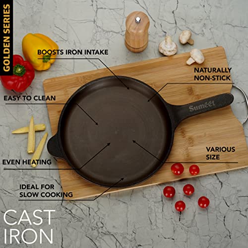Sumeet Super Smooth Gold Series Pre Seasoned Cast Iron Shallow Fry Pan for Frying/Roasting |24.5cm 1.6kg, Gas & Induction-Friendly.