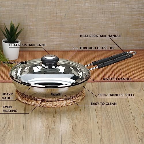 Sumeet Stainless Steel Induction Bottom (Encapsulated Bottom) Fry Pan with Glass Lid 1.7 LTR, 23.5 cm Dia, Silver