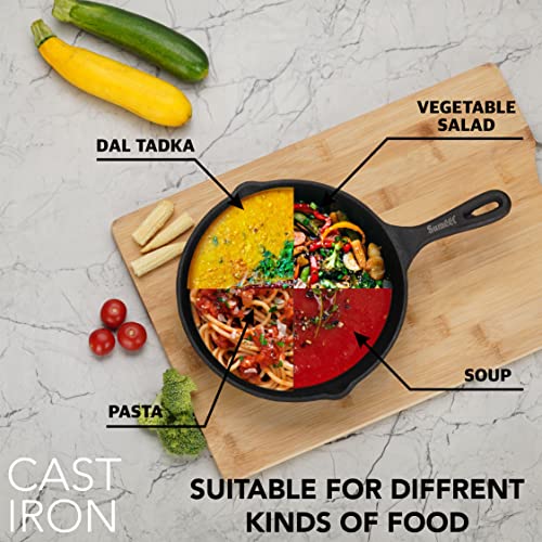 Sumeet Pre Seasoned Heavy Weight Cast Iron Frying Pan / Skillet, Induction Friendly, 21cm, Weight - 1.480Kg, Black